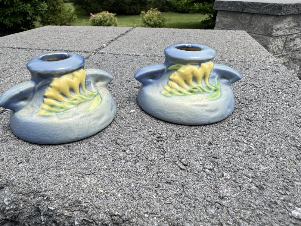 Roseville Freesia Blue Pottery Candle Holder Pair 1160-2 Candlestick Pair